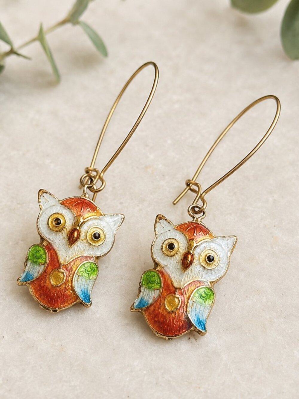 Vintage Enamel Owl Dangle Earrings Colorful Gold Tone Whimsical